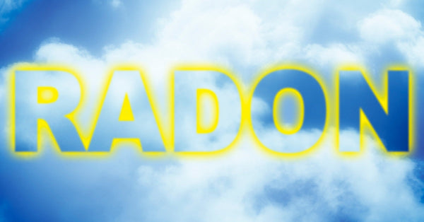 The word "Radon" is outlined with yellow against a background of a blue sky with fluffy white clouds.