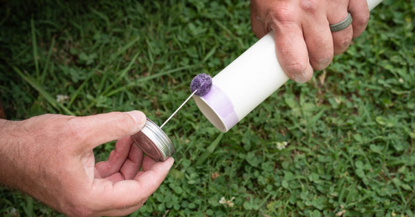 A close-up view shows a person applying a purple substance to the end of a white PVC pipe in a grassy area.