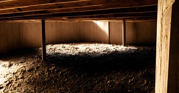 Natural light shines into the dirt crawl space area below a home. Support beams hold up the wooden floor joists.
