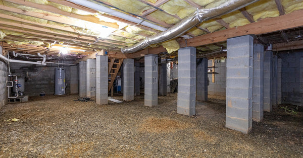 A crawl space features a pebbly floor and large, gray concrete columns supporting the home. Wooden stairs are in the background.